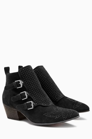 Black Leather Micro Stud Strap Boots